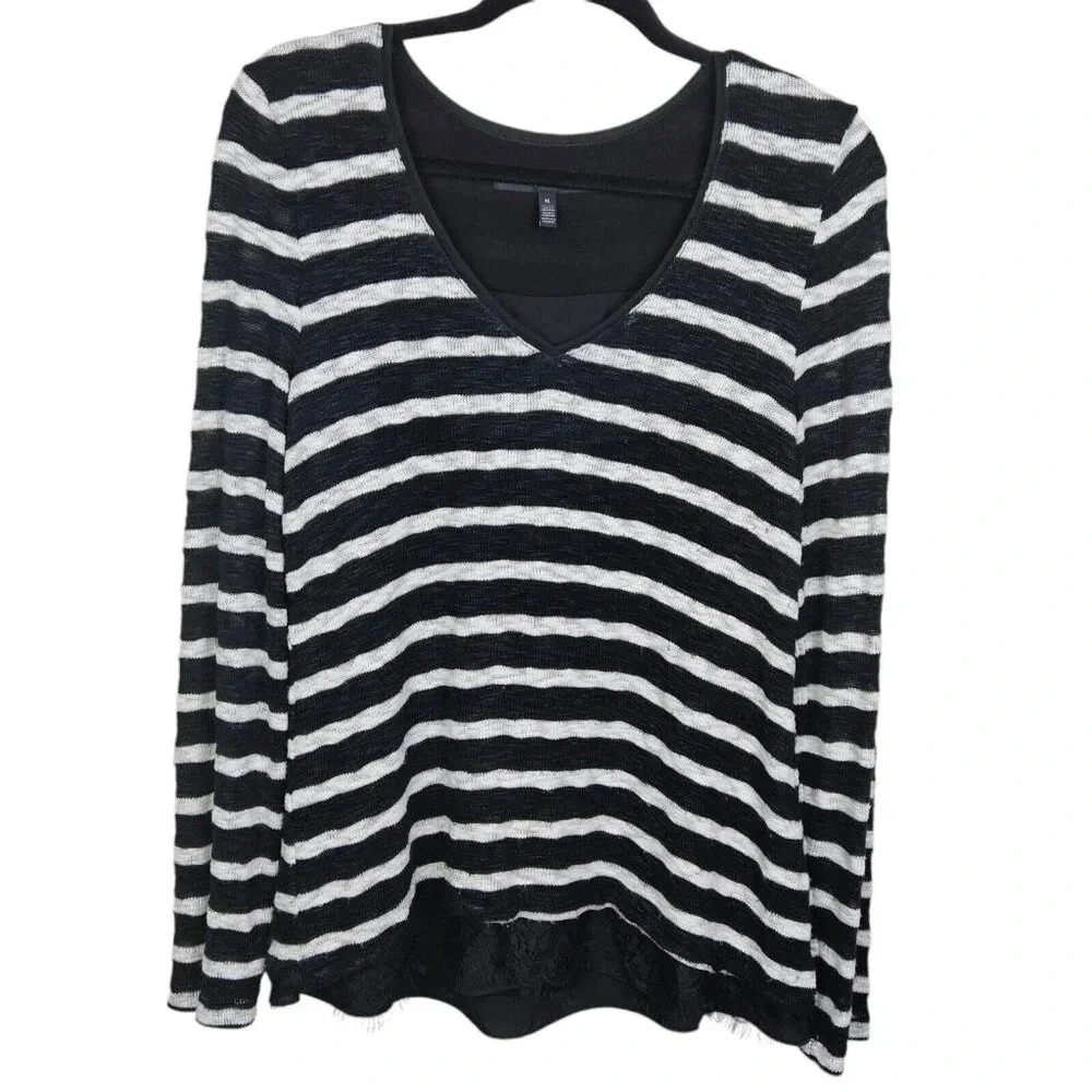 White‎ House Black Market Long Sleeve V Neck Striped Sweater Lace Size Medium